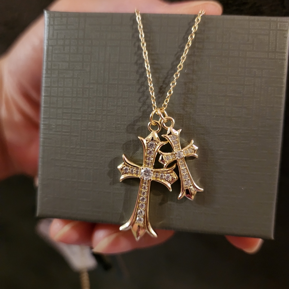 925 Gold Cross Pendant Necklace with Crystal Accents - Women Jewelry